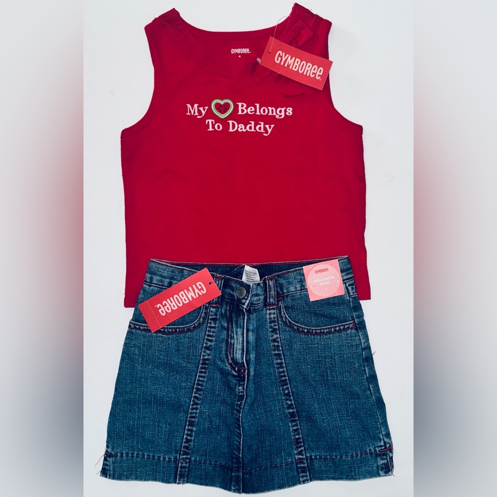 NEW Gymboree girls skirt outfit 4 shirt denim jean bon voyage red tank tee top